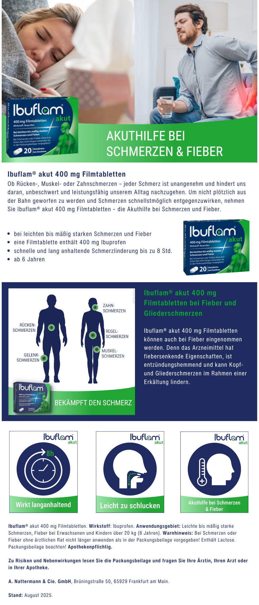 Blauer Kreis mit Uhr und Pfeil. Text: Wirkt langanhaltend. Blauer Kreis mit Thermometer. Text: Akuthilfe.